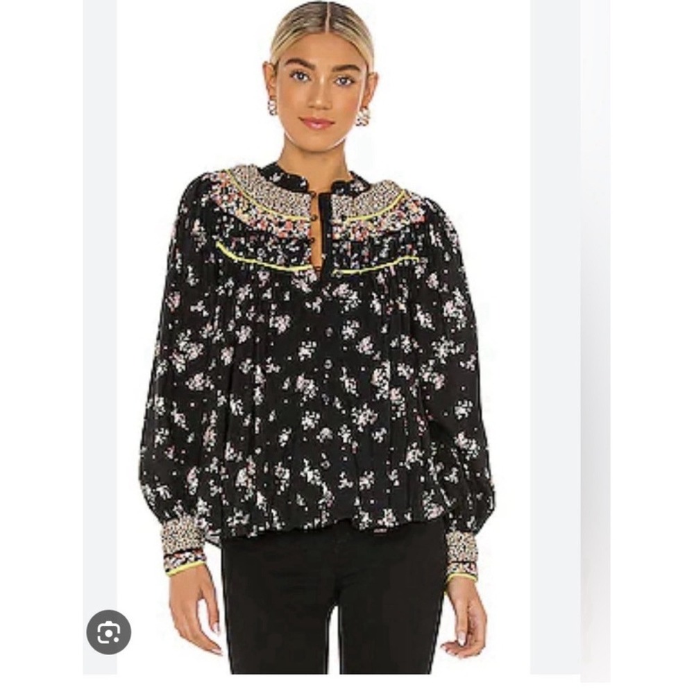 Free People Black Pink Floral Peasant Blouse Balloon Sleeve Button Front XS Boho
